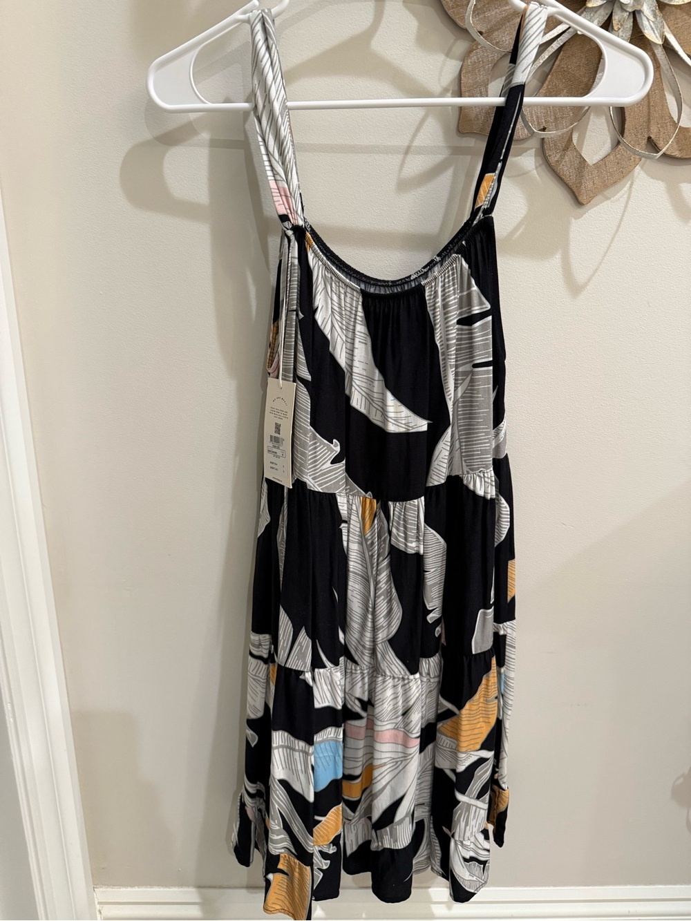 Maaji Black Mini Dress with White Leaf Print and Yellow & Blue Accents